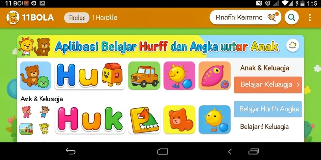 Antarmuka aplikasi 11BOLA untuk belajar huruf dan angka.