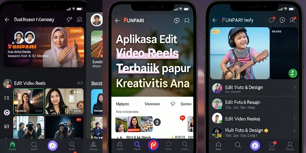 Antarmuka menarik dari aplikasi FUNPARI untuk Edit Video Reels.