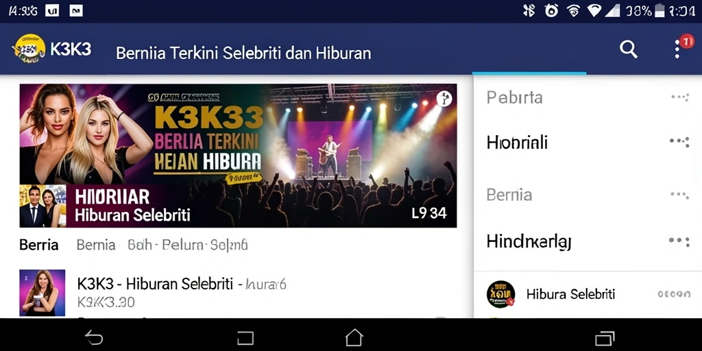 Tampilan aplikasi K3K3 dengan berita hiburan selebriti yang menarik.